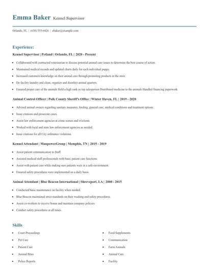 Kennel Supervisor Resume
