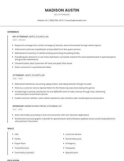 Key Attendant Resume