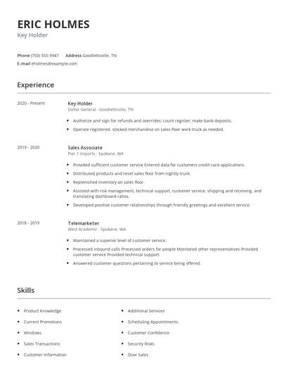 Key Holder Resume