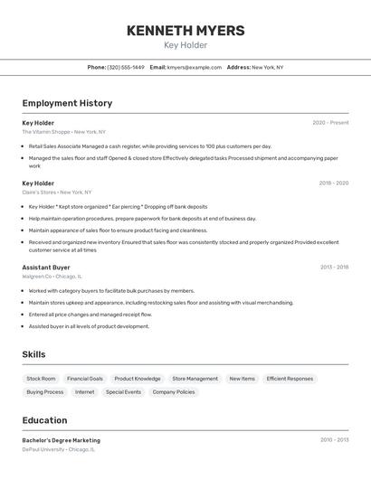 Key Holder Resume