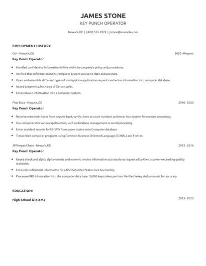 Key Punch Operator Resume