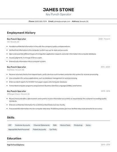 Key Punch Operator Resume