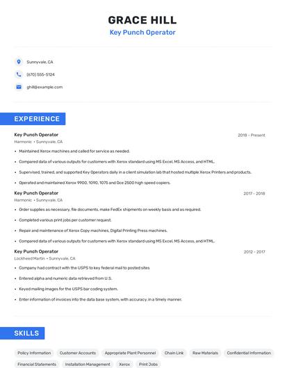Key Punch Operator Resume
