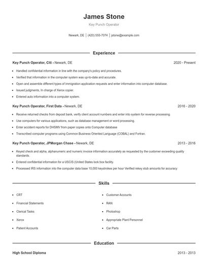 Key Punch Operator Resume