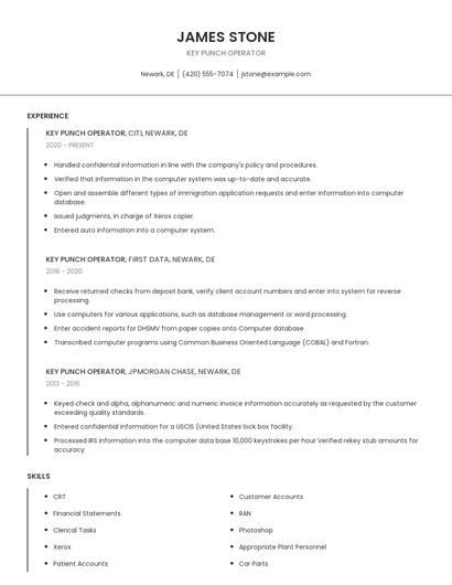 Key Punch Operator Resume
