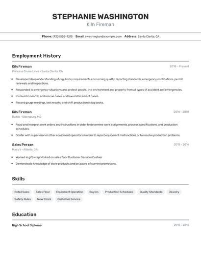 Kiln Fireman Resume
