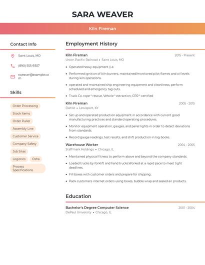 Kiln Fireman Resume