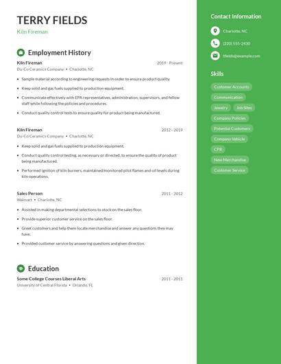 Kiln Fireman Resume