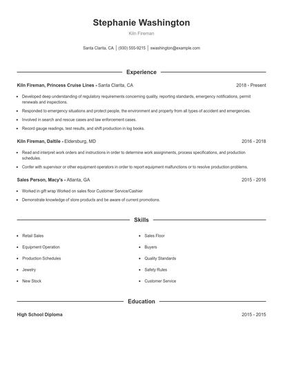 Kiln Fireman Resume
