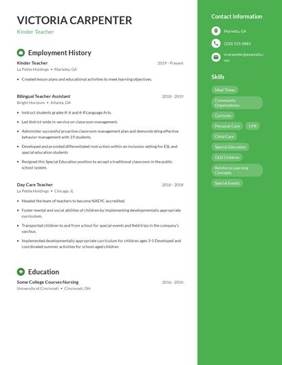Kinder Teacher Resume