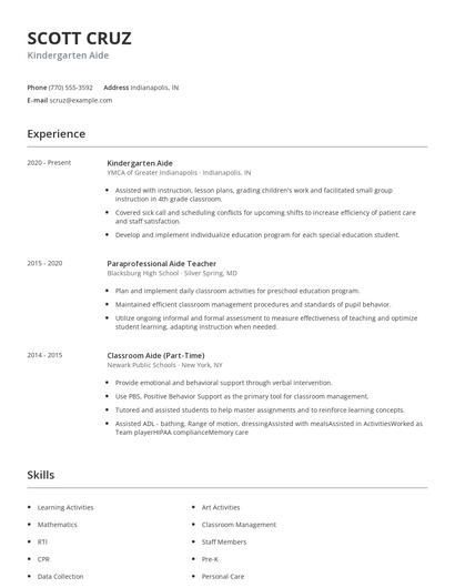 Kindergarten Aide Resume