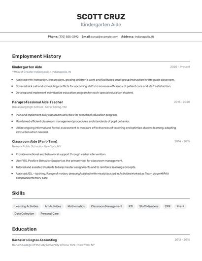 Kindergarten Aide Resume