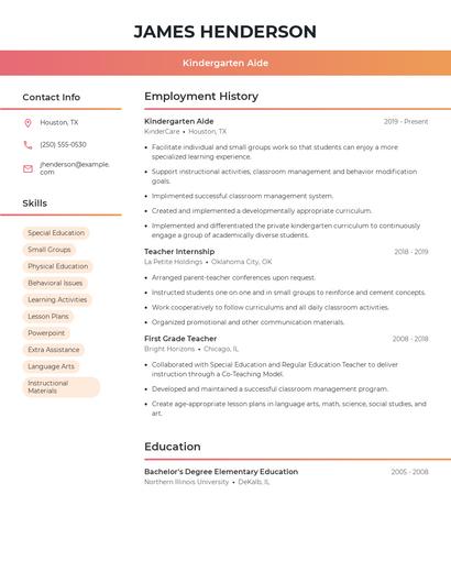 Kindergarten Aide Resume