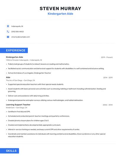Kindergarten Aide Resume