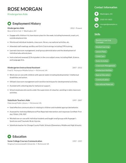 Kindergarten Aide Resume