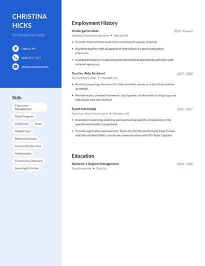 Kindergarten Aide Resume