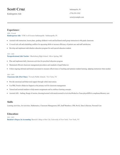 Kindergarten Aide Resume