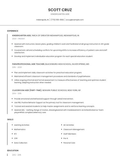 Kindergarten Aide Resume