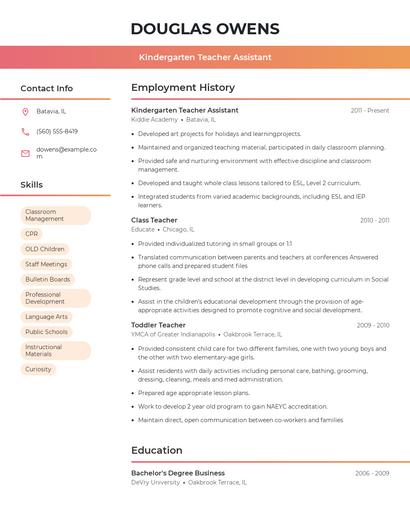 Kindergarten Teacher Assistant Resume
