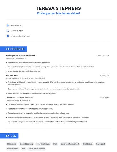 Kindergarten Teacher Assistant Resume