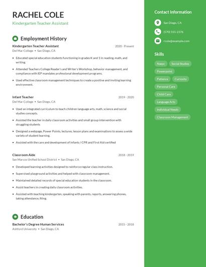 Kindergarten Teacher Assistant Resume