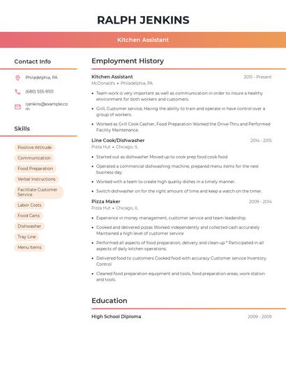 Kitchen Assistant Resume