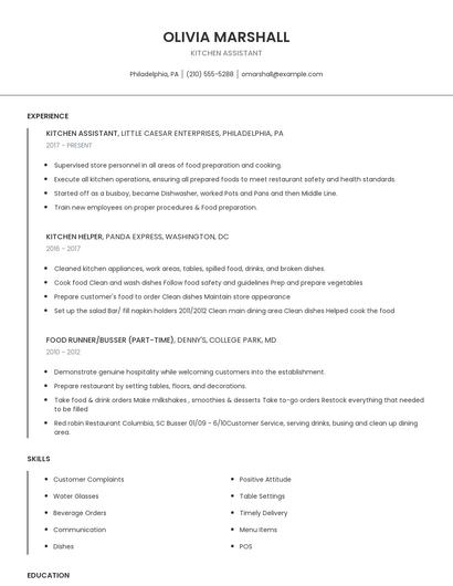 Kitchen Assistant Resume