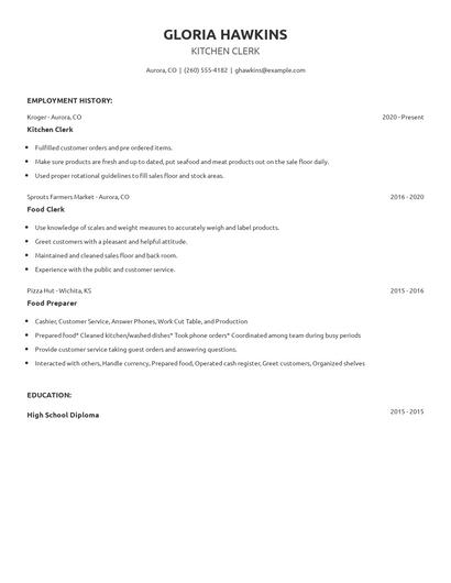 Kitchen Clerk Resume