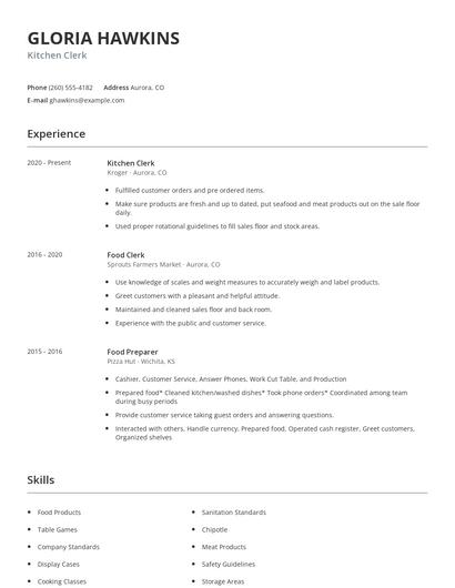 Kitchen Clerk Resume