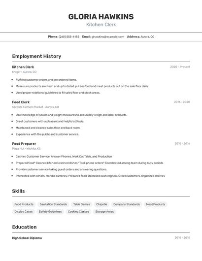 Kitchen Clerk Resume