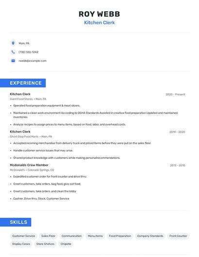 Kitchen Clerk Resume
