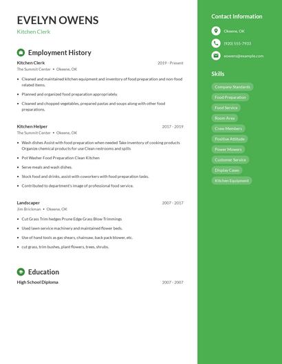 Kitchen Clerk Resume