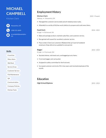 Kitchen Clerk Resume