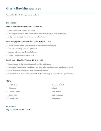 Kitchen Clerk Resume
