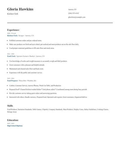 Kitchen Clerk Resume