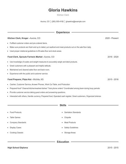 Kitchen Clerk Resume