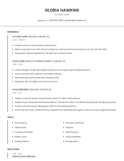 Kitchen Clerk Resume