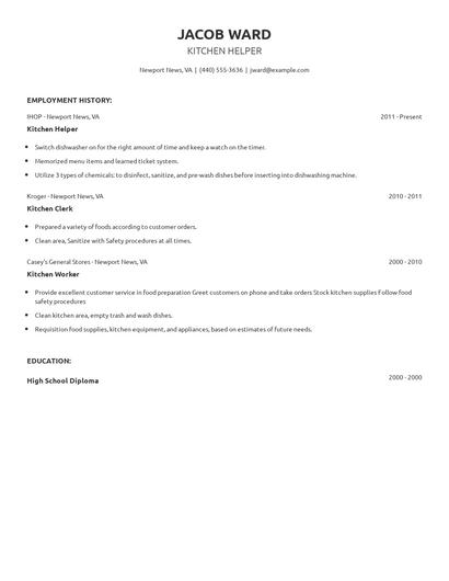 Kitchen Helper Resume