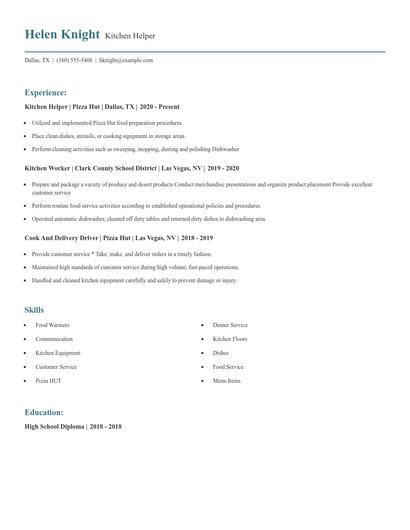 Kitchen Helper Resume