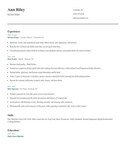 Kitchen Helper Resume