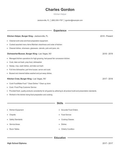 Kitchen Helper Resume
