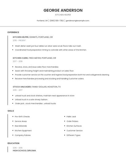 Kitchen Helper Resume