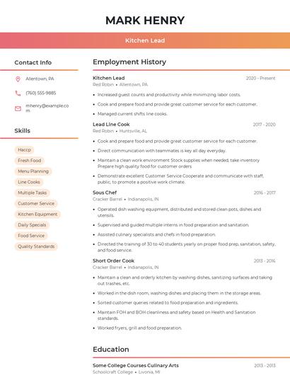 Kitchen Lead Resume