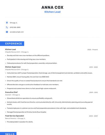 Kitchen Lead Resume