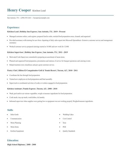 Kitchen Lead Resume