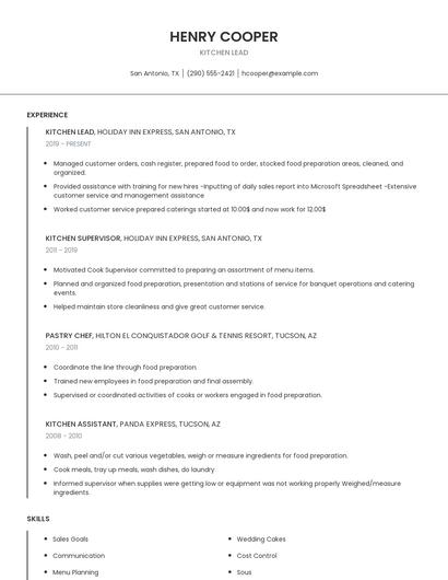 Kitchen Lead Resume