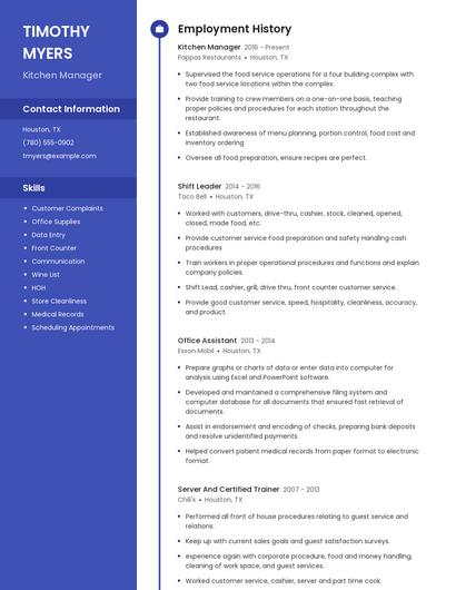 Kitchen Manager Resume