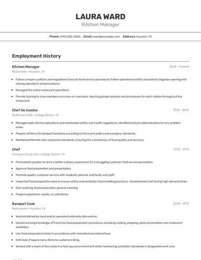 Kitchen Manager Resume