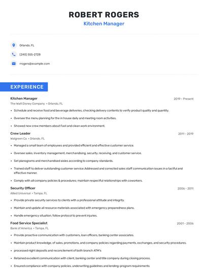 Kitchen Manager Resume