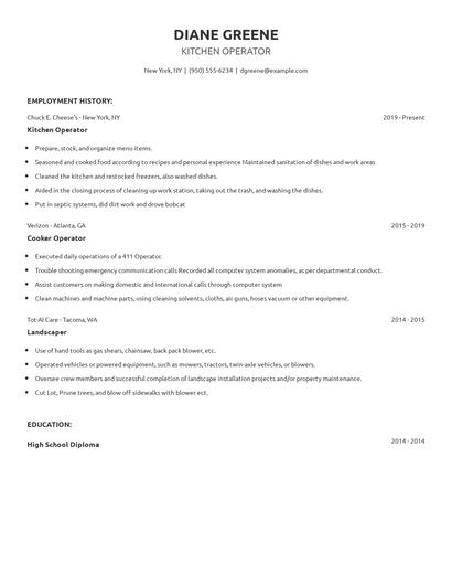 Kitchen Operator Resume
